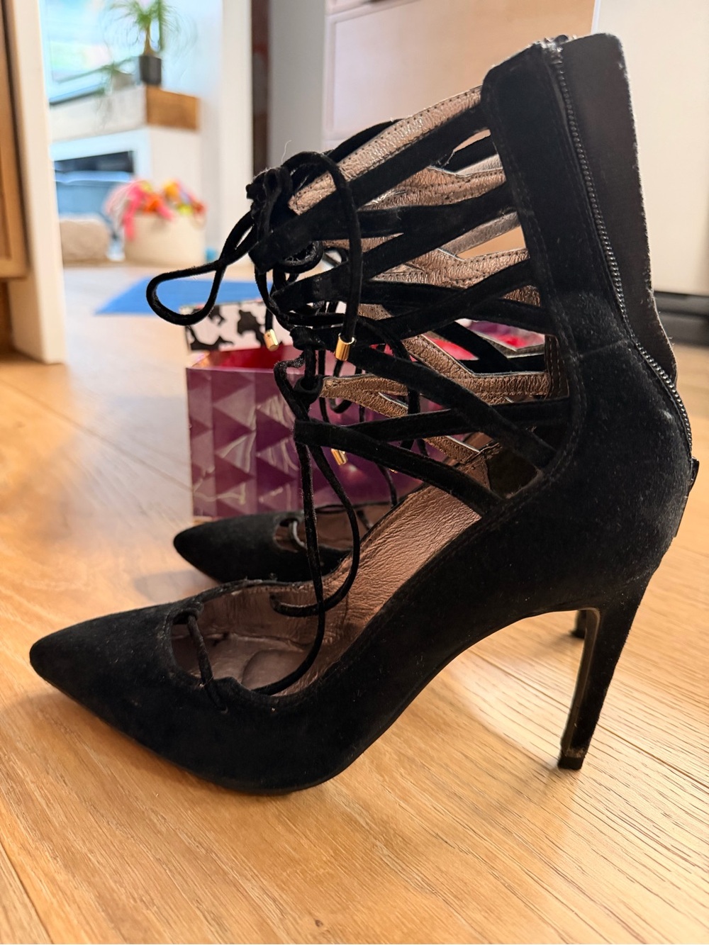 Free People Black Suede Lace-Up Pointed Toe Heels